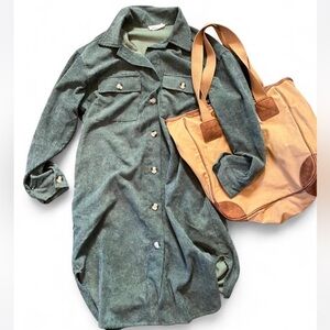 Carly Jean Green corduroy shirt dress with button-up front and pockets